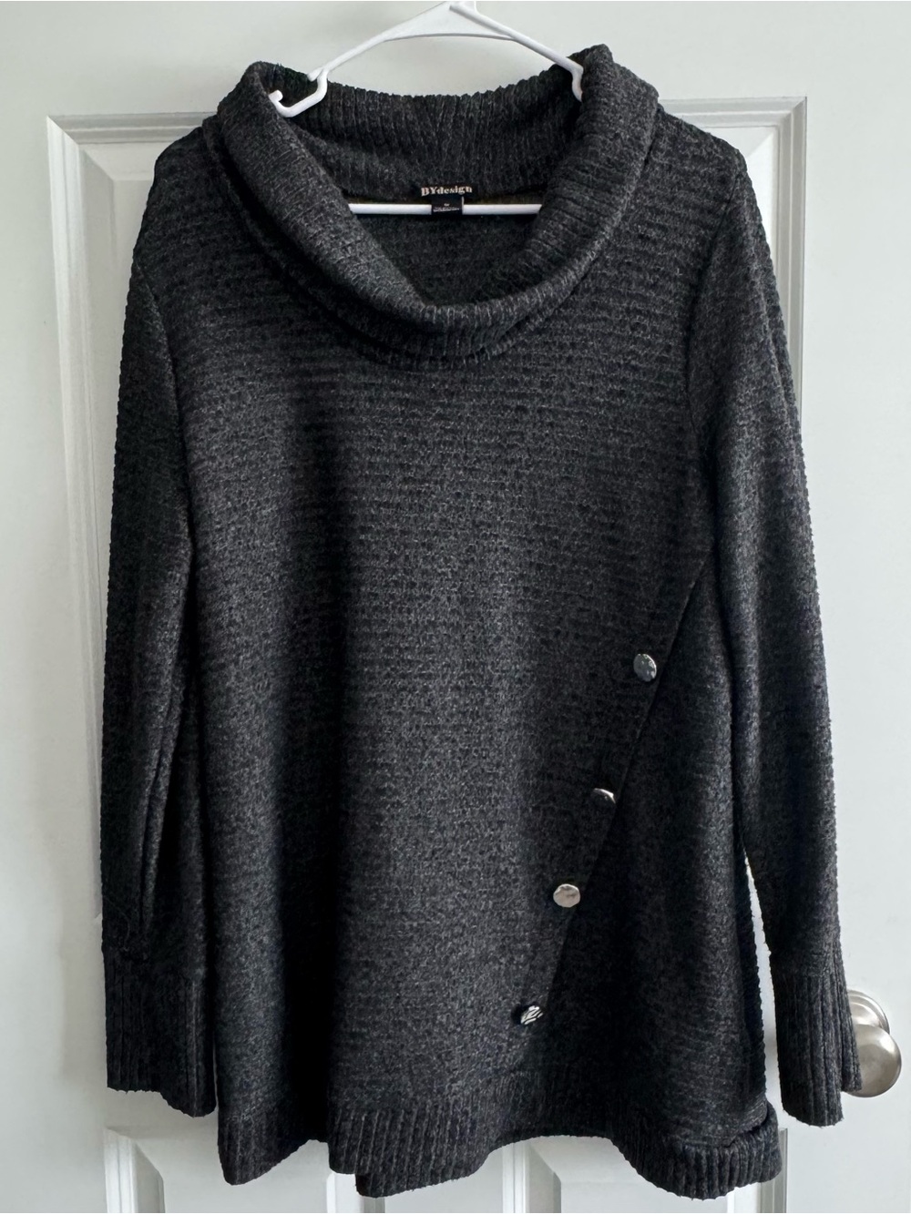 Cozy Charcoal Cowl-Neck Sweater with Diagonal Button Detail